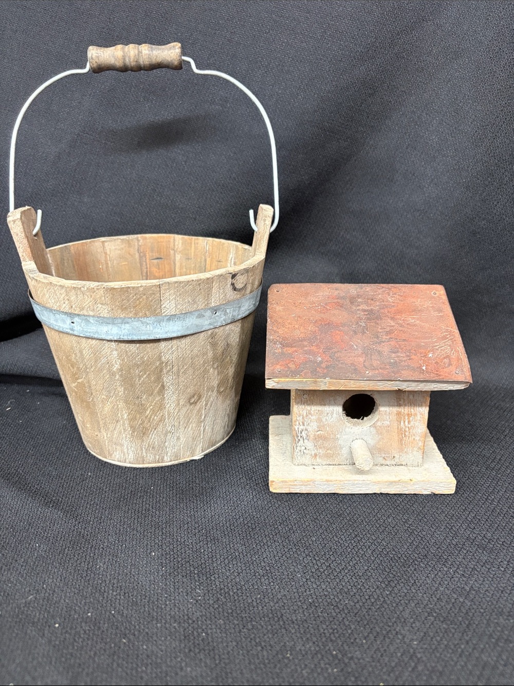 Rustic Wooden Bucket and Birdhouse Set - Natural Wood